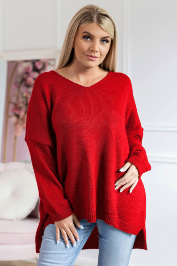 Mega oversize sweter damski w kolorze czerwonym dekolt v długi rękaw heila