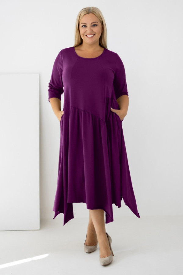 Mega oversize sukienka w kolorze amarantowym rękaw 3/4 przeszycia kieszenie paloma