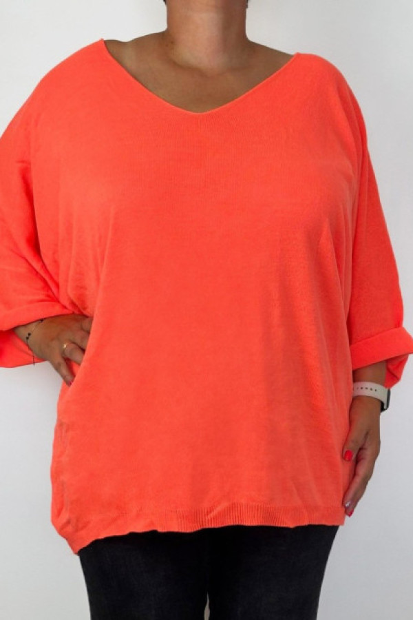 Mega oversize sweterek nietoperz w kolorze pomarańczowym dekolt w serek v-neck bayli
