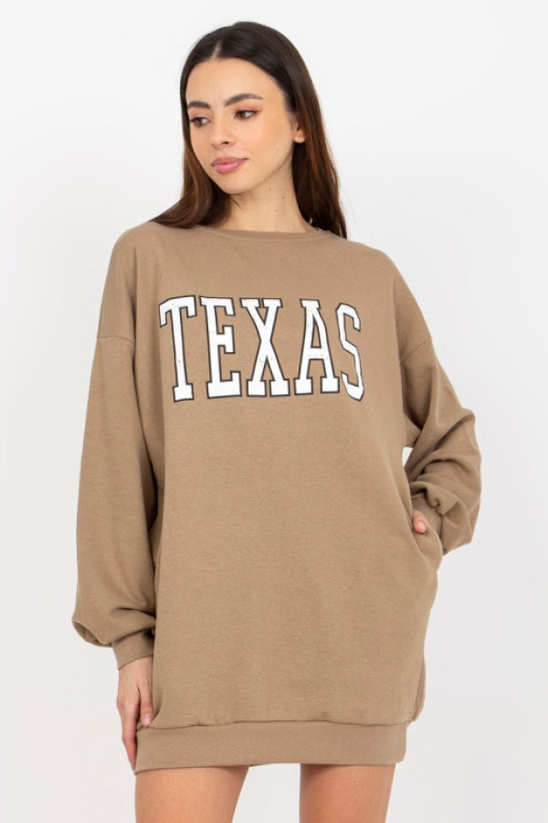 Długa bluza damska w kolorze ciemnobeżowym kieszenie napis texas