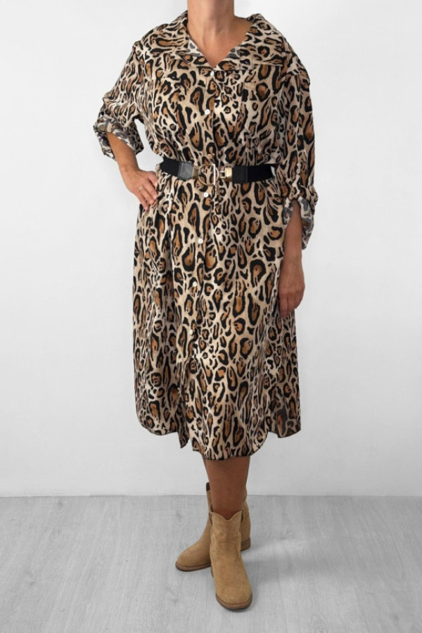 Sukienka koszulowa na guziki z kieszonkami podpinany rękaw wzór duże cętki alani