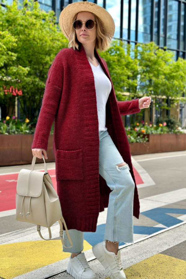 Długi sweter kardigan w kolorze burgundowym z kieszeniami cziro