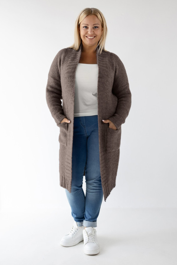 Długi sweter kardigan w kolorze brązowym z kieszeniami cziro