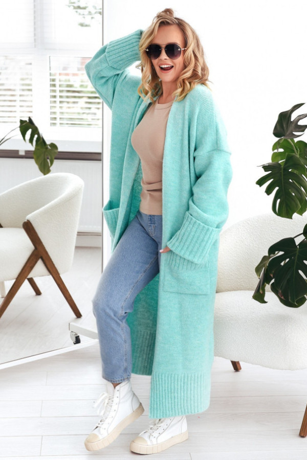 Długi sweter kardigan damski w kolorze miętowym z kieszeniami havier
