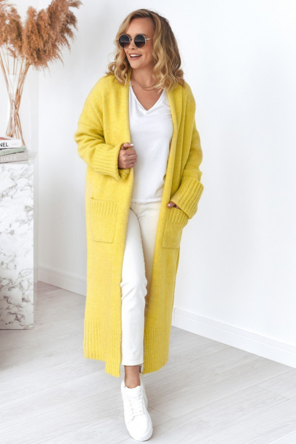 Długi sweter kardigan damski w kolorze żółtym z kieszeniami havier