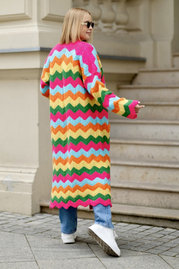 Długi kolorowy kardigan w kolorze żółty + fuksja z kieszeniami wzór zygzaki fregi