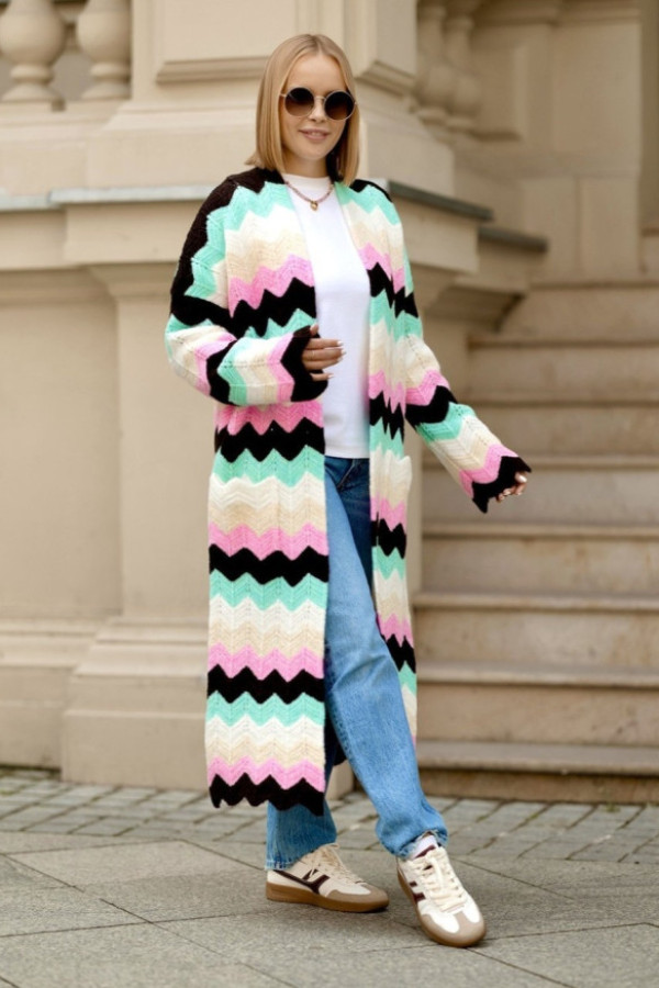 Długi kolorowy kardigan w kolorze czekolada + róż z kieszeniami wzór zygzaki fregi