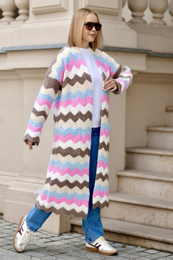 Długi kolorowy kardigan w kolorze mokka +ecru z kieszeniami wzór zygzaki fregi