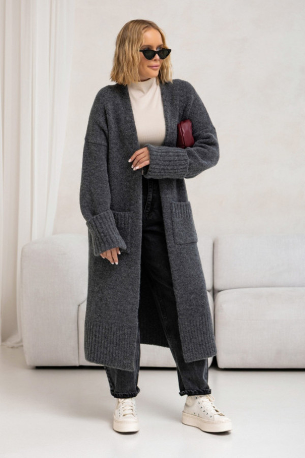 Długi sweter kardigan damski w kolorze grafitowym z kieszeniami havier