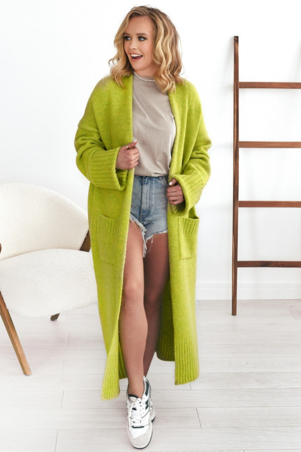Długi sweter kardigan damski w kolorze limonkowym z kieszeniami havier