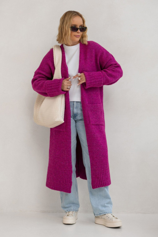 Długi sweter kardigan damski w kolorze magenta z kieszeniami havier