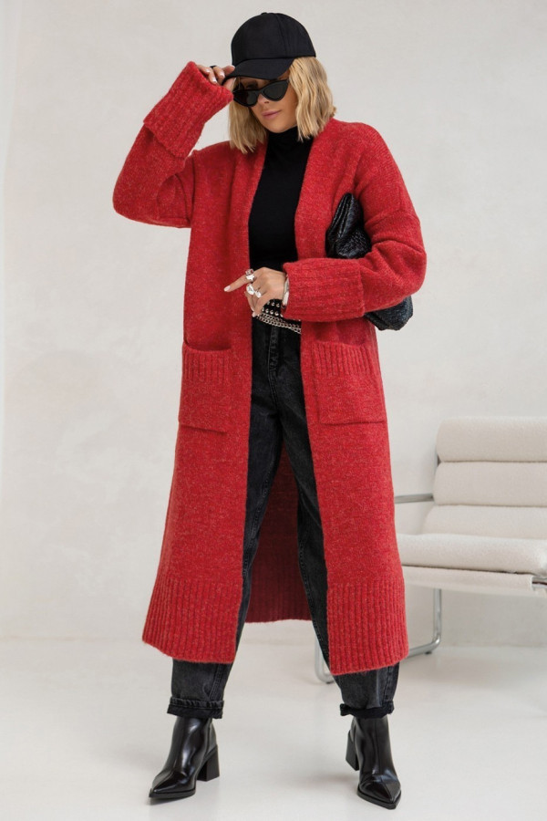 Długi sweter kardigan damski w kolorze malinowym z kieszeniami havier
