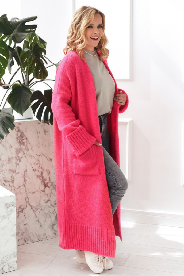 Długi sweter kardigan damski w kolorze fuksji z kieszeniami havier