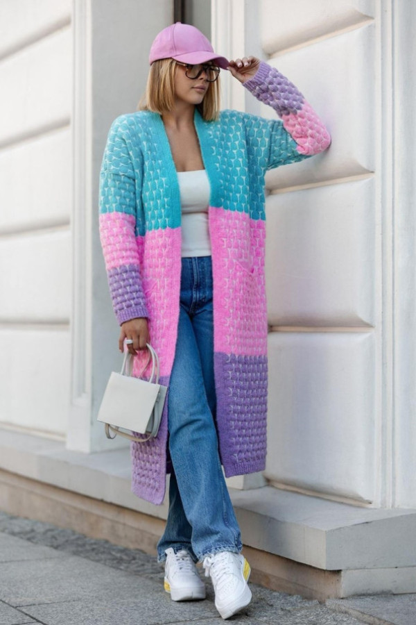Długi kolorowy sweter kardigan w kolorze turkus + róż z kieszeniami wzór muszelki manuel