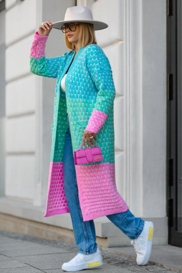 Długi kolorowy sweter kardigan w kolorze turkus + mięta z kieszeniami wzór muszelki manuel