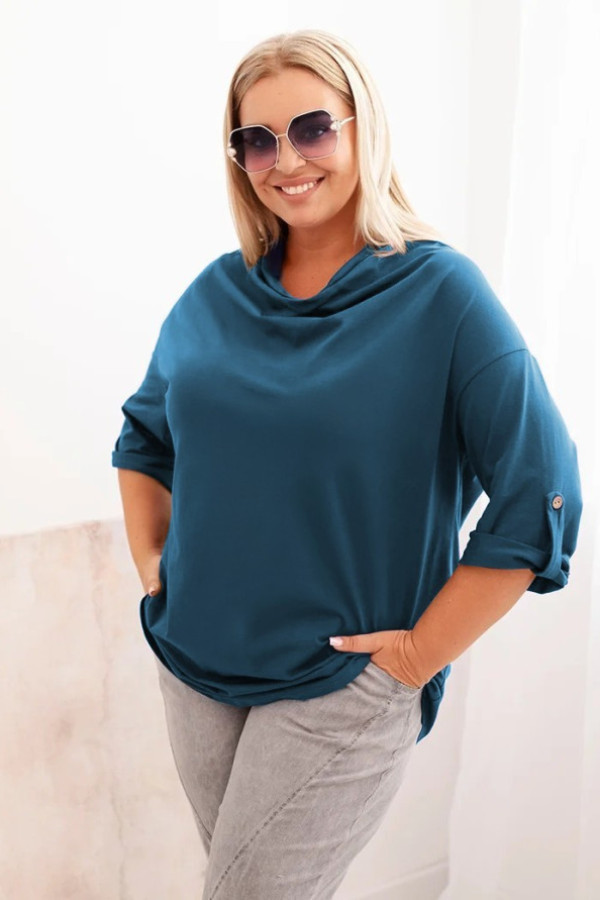 Bluzka damska plus size w kolorze morskim podpinane rękawy dekolt woda kamila