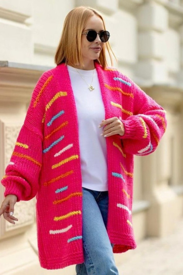 Luźny sweter kardigan w kolorze fuksji kolorowe paseczki bufiaste rękawy jamila
