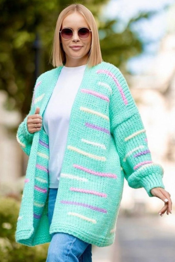 Luźny sweter kardigan w kolorze miętowym kolorowe paseczki bufiaste rękawy jamila