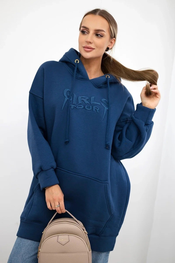 Długa luźna bluza z kapturem w kolorze morskim haft girls tour