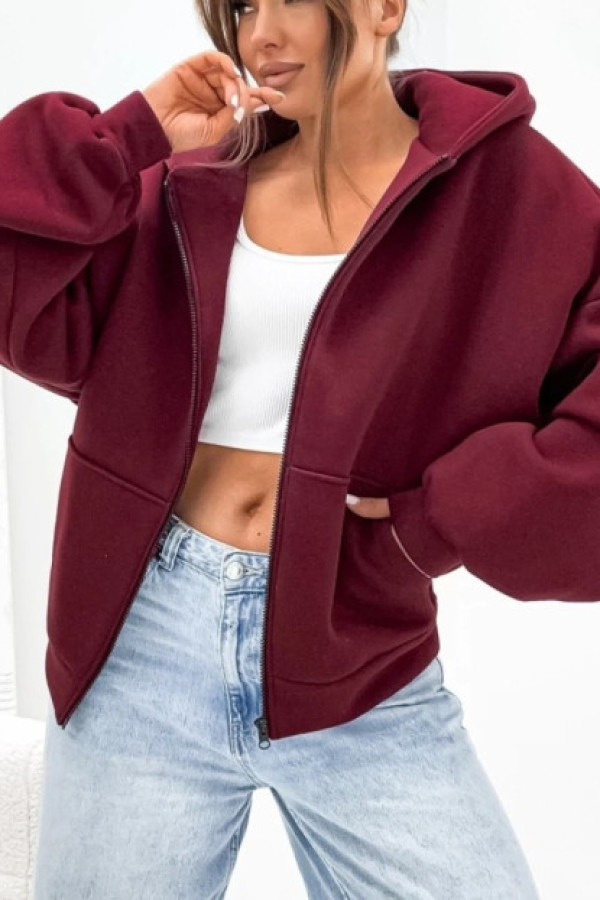 Ciepła bluza damska oversize w kolorze burgundowym rozpinana kaptur mizuna
