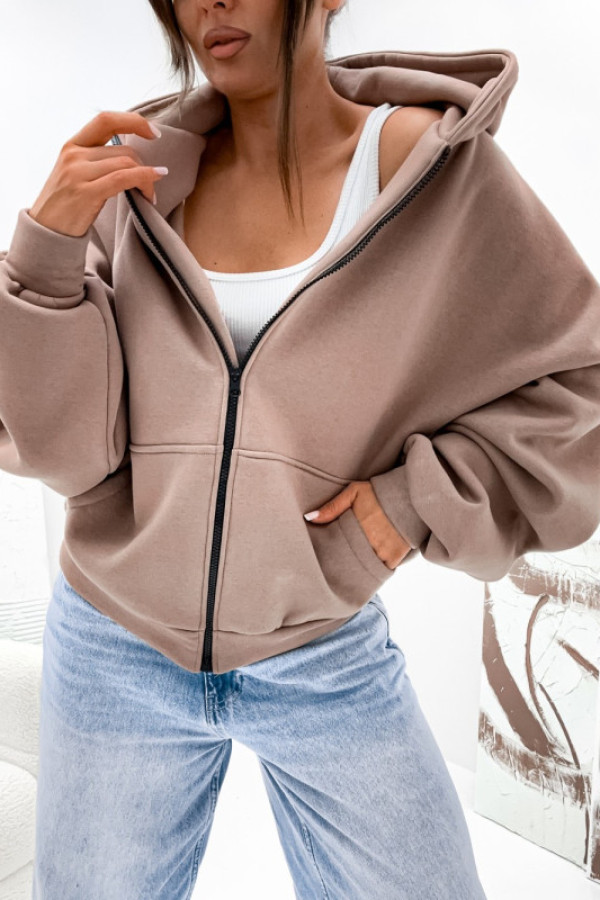 Ciepła bluza damska oversize w kolorze mokka rozpinana kaptur mizuna