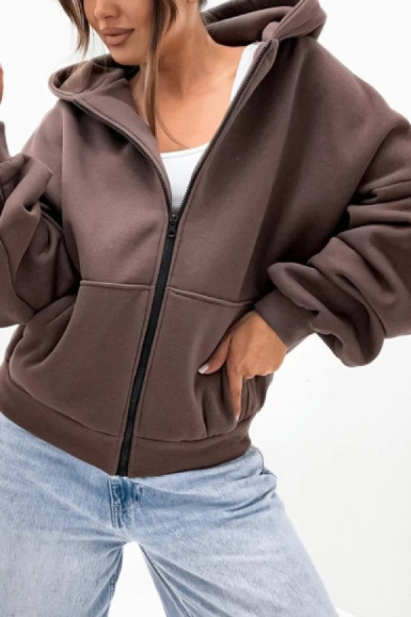Ciepła bluza damska oversize w kolorze czekoladowym rozpinana kaptur mizuna