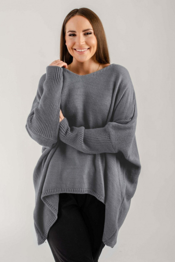 Sweter damski oversize w kolorze grafitowym asymetryczne boki dekolt v aries