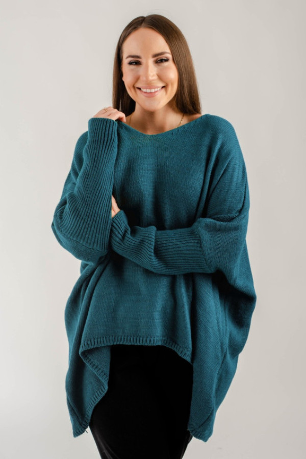 Sweter damski oversize w kolorze morskim asymetryczne boki dekolt v aries