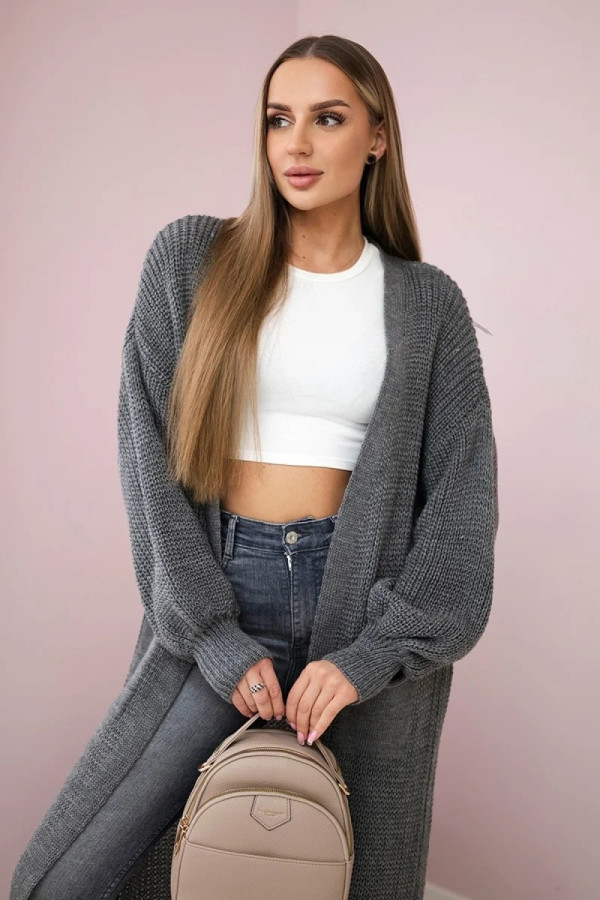 Duży kardigan sweter damski w kolorze grafitowym z kieszeniami luźna narzutka morena
