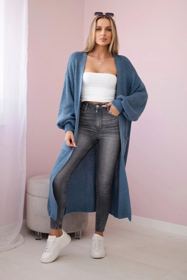 Duży kardigan sweter damski w kolorze denim z kieszeniami luźna narzutka morena