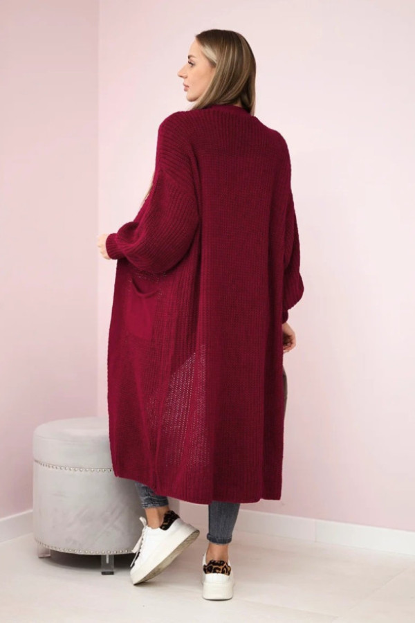 Duży kardigan sweter damski w kolorze burgundowym z kieszeniami luźna narzutka morena