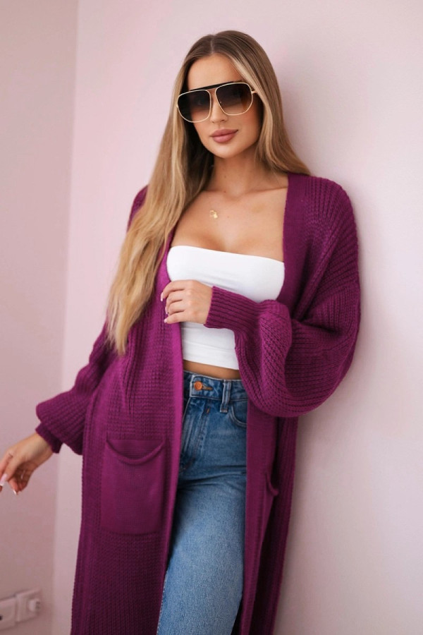 Duży kardigan sweter damski w kolorze amarantowym z kieszeniami luźna narzutka morena