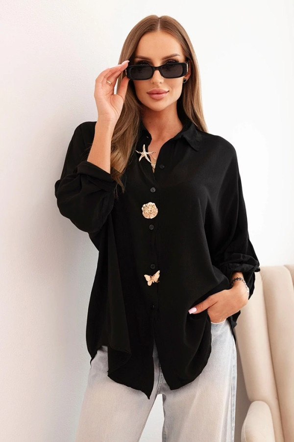Lekka koszula damska z wiskozy w kolorze czarnym ozdobne guziki podpinany rękaw leticja