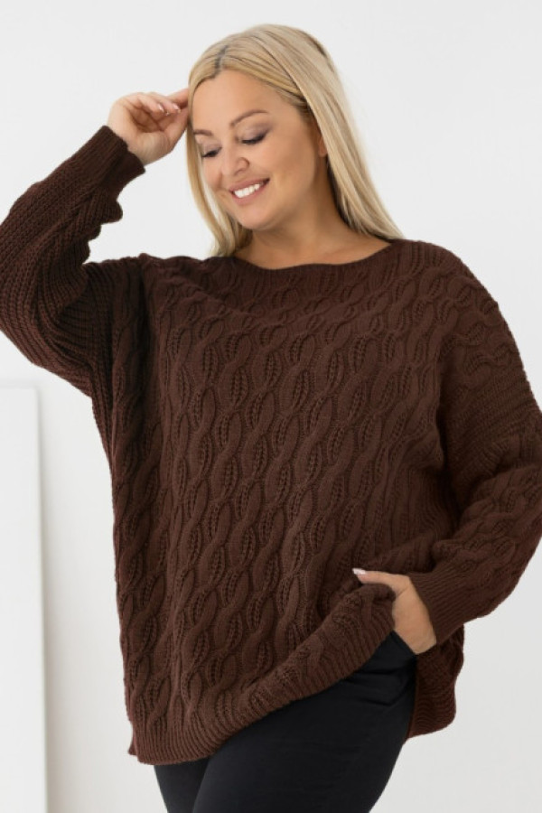 Sweter damski oversize w kolorze czekoladowy brąz długi rękaw ozdobny splot liliana