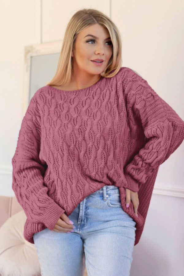 Sweter damski oversize w kolorze indyjskiego różu długi rękaw ozdobny splot liliana