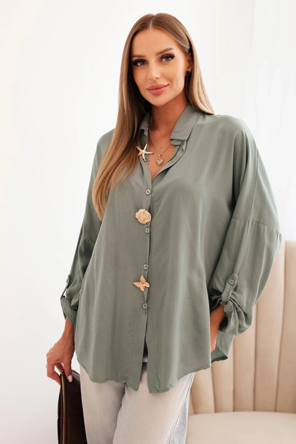 Lekka koszula damska z wiskozy w kolorze khaki ozdobne guziki podpinany rękaw leticja