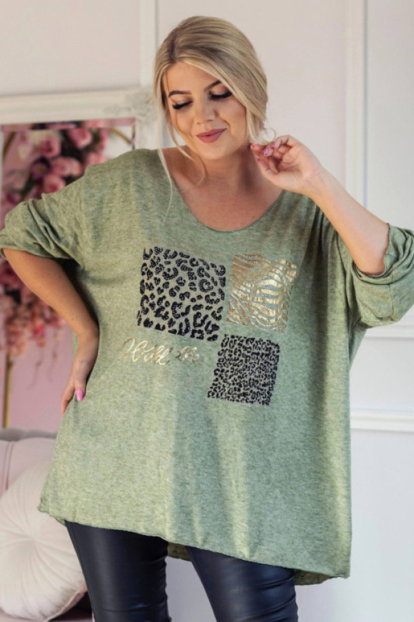 Milutki sweter damski oversize w kolorze khaki zwierzęcy nadruk dżety kiro