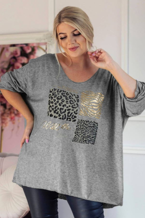 Milutki sweter damski oversize w kolorze grafitowym zwierzęcy nadruk dżety kiro