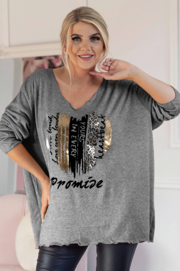 Milutki sweter damski oversize w kolorze grafitowym zwierzęcy nadruk serce promise