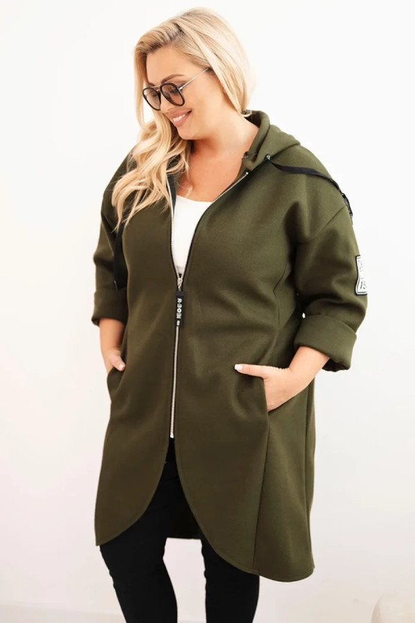 Płaszcz damski plus size w kolorze khaki rozpinany z kapturem flauszowy esteban