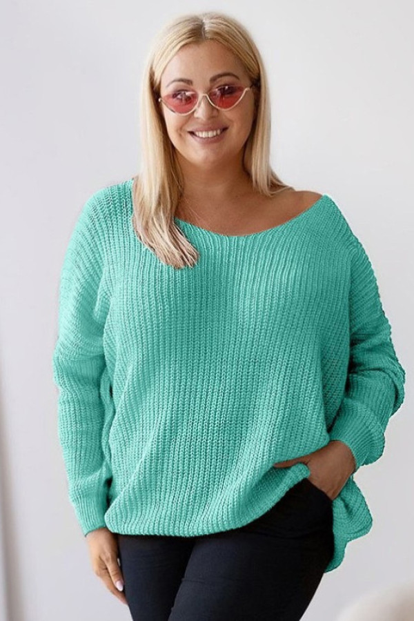 Duży oversize sweter damski w kolorze miętowym dekolt v nietoperz vanesa