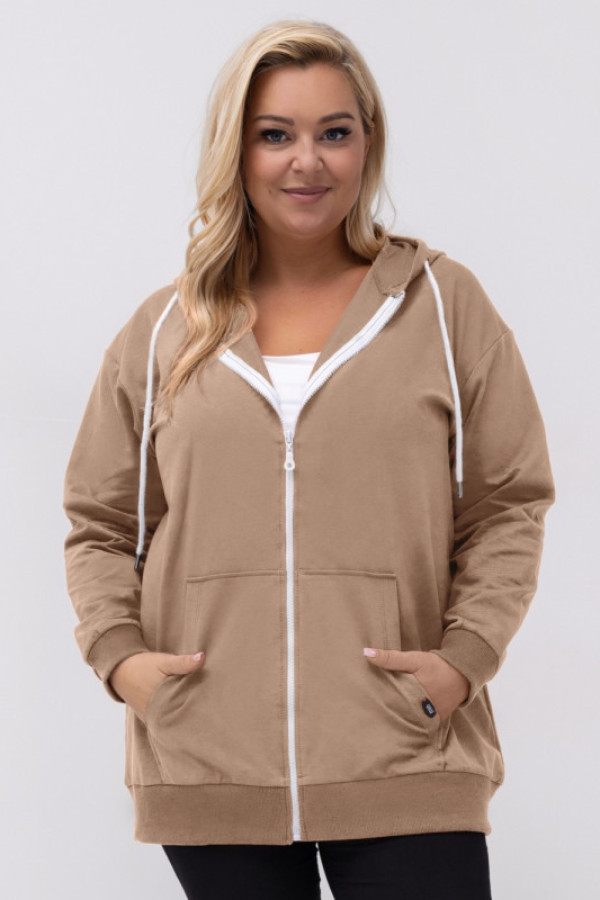 Ciepła bluza damska oversize w kolorze beżowym rozpinana kaptur figaro