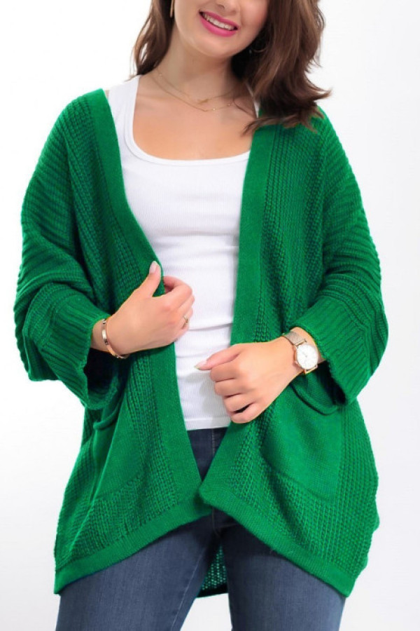 Kardigan sweter damski w kolorze zielonym z kieszeniami luźna narzutka parma