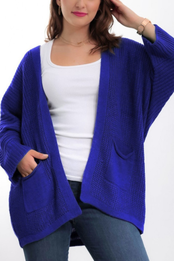 Kardigan sweter damski w kolorze kobaltowym z kieszeniami luźna narzutka parma