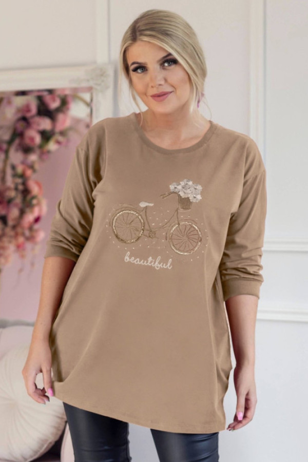 Lekka bluza damska w kolorze beżowym haftowany rower cekiny silas