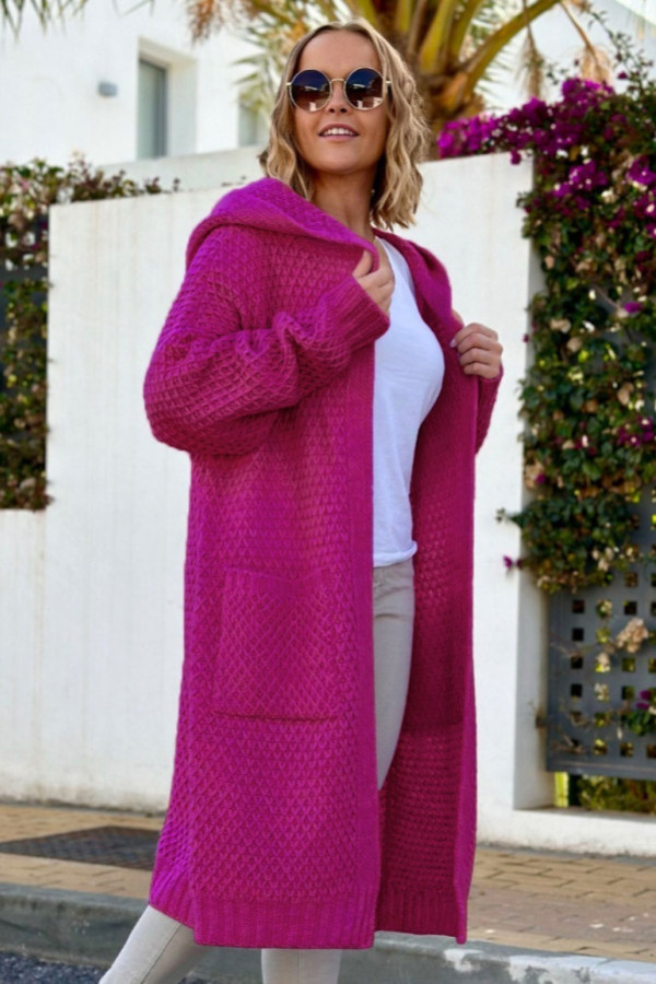 Długi kardigan sweter oversize w kolorze magenta z kapturem darryl