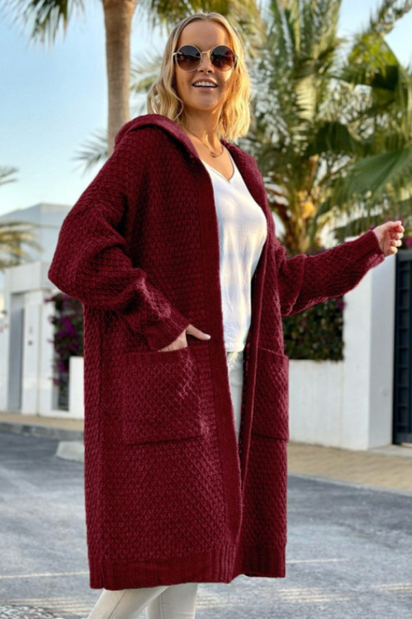 Długi kardigan sweter oversize w kolorze burgundowym z kapturem darryl