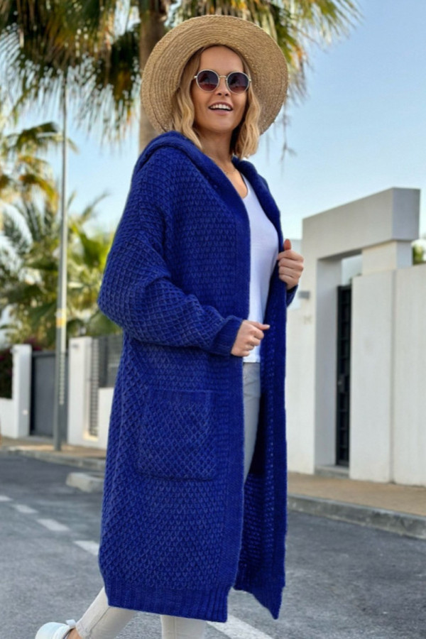 Długi kardigan sweter oversize w kolorze kobaltowym z kapturem darryl