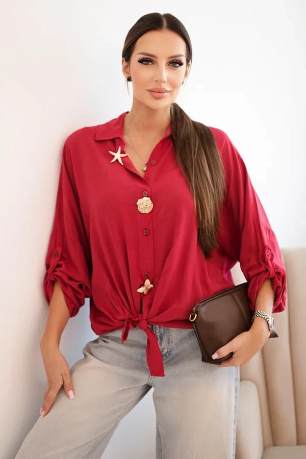 Lekka koszula damska z wiskozy w kolorze jasno bordowym ozdobne guziki podpinany rękaw leticja