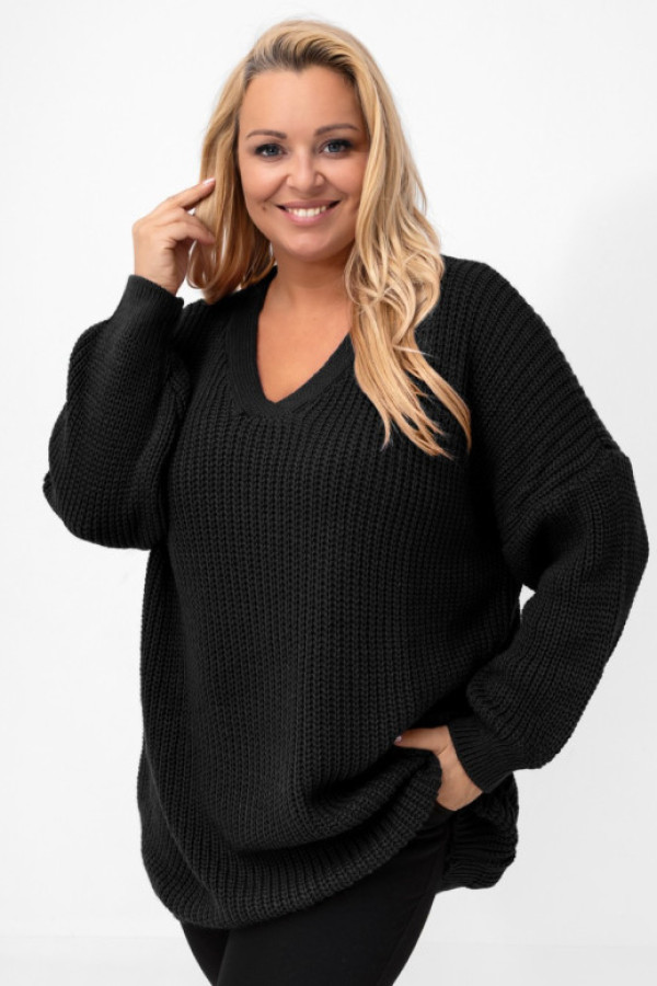 Długi sweter damski oversize w kolorze czarnym dekolt v leon